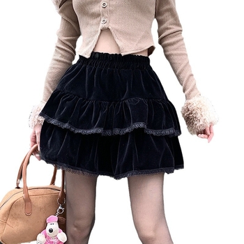 Čierna zamatová dvojvrstvová sukňa pre ženy, jar, jeseň a zima, nový vysoký pás, zoštíhľujúci dizajn, čipka, áčkový strih, nafúknutá sukňa