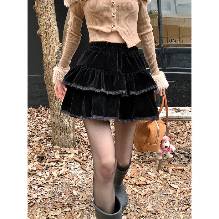 Čierna zamatová dvojvrstvová sukňa pre ženy, jar, jeseň a zima, nový vysoký pás, zoštíhľujúci dizajn, čipka, áčkový strih, nafúknutá sukňa