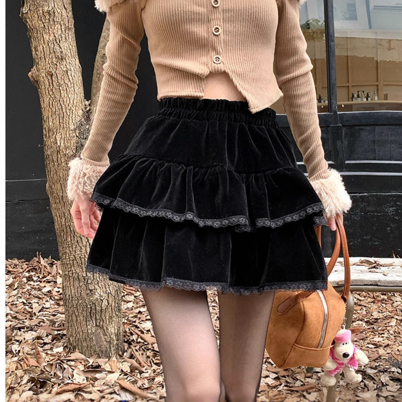 Čierna zamatová dvojvrstvová sukňa pre ženy, jar, jeseň a zima, nový vysoký pás, zoštíhľujúci dizajn, čipka, áčkový strih, nafúknutá sukňa