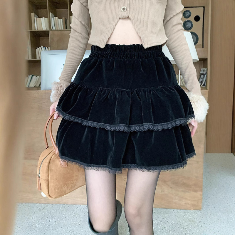 Čierna zamatová dvojvrstvová sukňa pre ženy, jar, jeseň a zima, nový vysoký pás, zoštíhľujúci dizajn, čipka, áčkový strih, nafúknutá sukňa