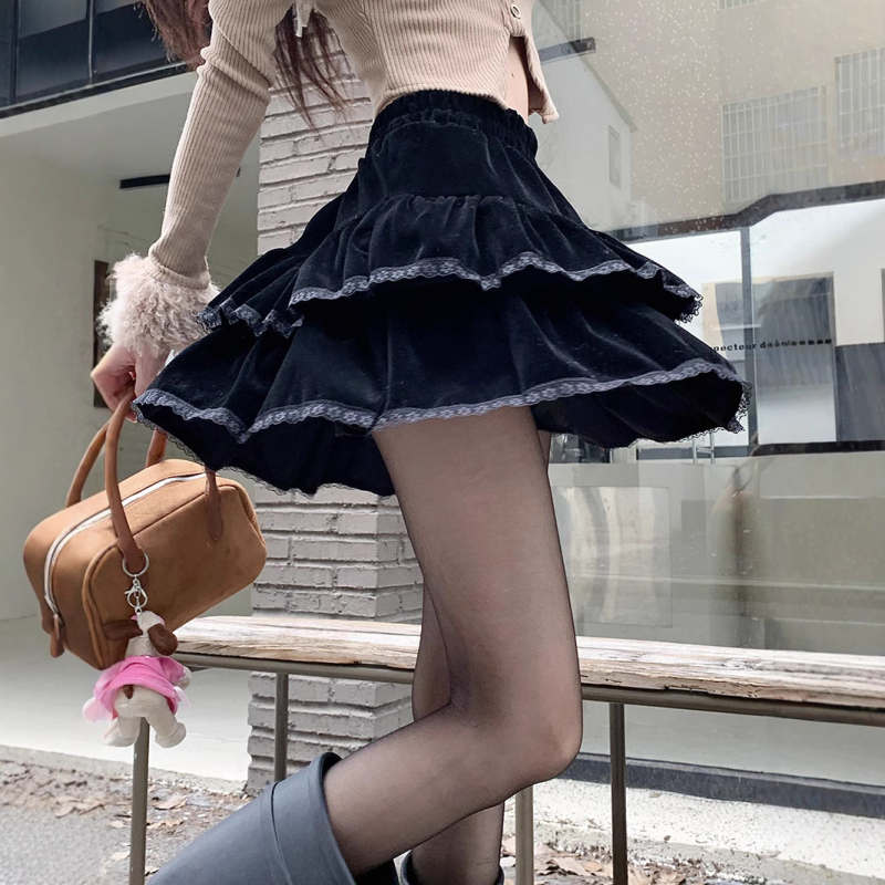 Čierna zamatová dvojvrstvová sukňa pre ženy, jar, jeseň a zima, nový vysoký pás, zoštíhľujúci dizajn, čipka, áčkový strih, nafúknutá sukňa