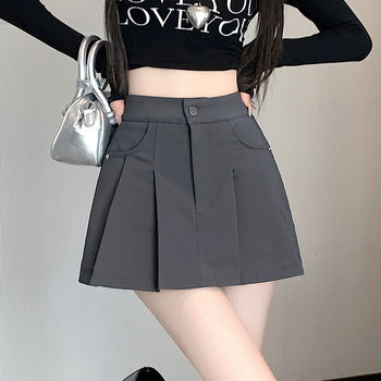 Γυναικεία φούστα με ψηλή μέση και πτυχώσεις Real Shot, μόδα 2023, νέα κοντή φούστα, αδυνάτισμα, αισθητική, μισή φούστα