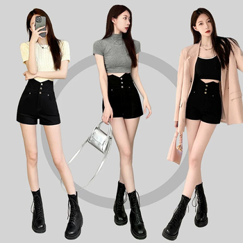 Nove Spice Girl kratke hlače visokog struka, plus size bucmaste djevojke, bucmaste ljetne crne uske vruće hlačice s A-kopčom iz 2025.