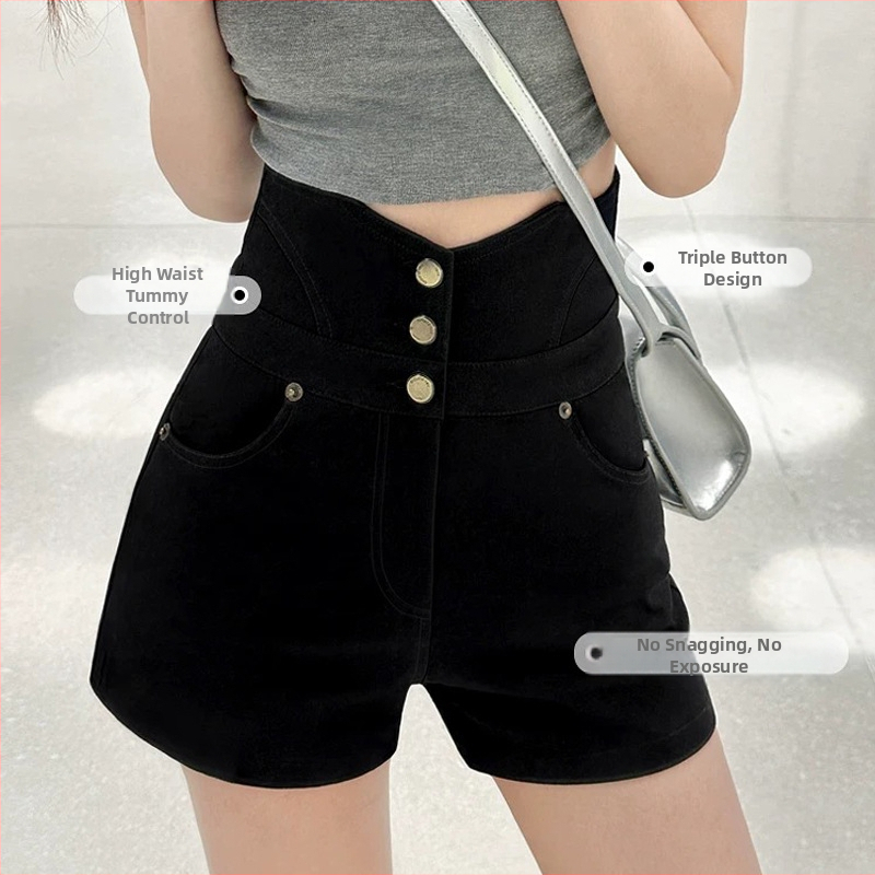 Nové letné čierne úzke šortky Spice Girl s prackou v tvare písmena A a vysokým pásom z roku 2025