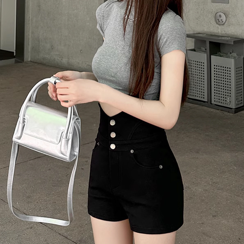 Nove Spice Girl kratke hlače visokog struka, plus size bucmaste djevojke, bucmaste ljetne crne uske vruće hlačice s A-kopčom iz 2025.