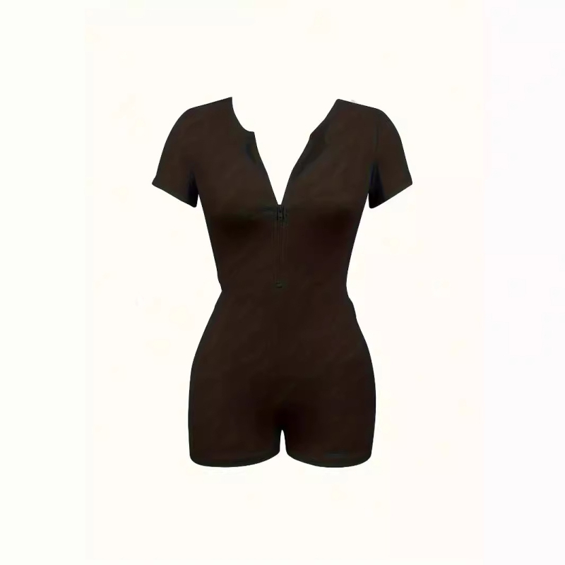 Novi ženski jednobojni kombinezon s kratkim rukavima, uskim krojem i patentnim zatvaračem, europski i američki stil 2024., prekogranični proljetni, ženski