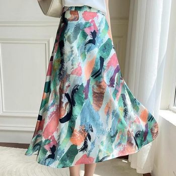 Νέα καλοκαιρινή φούστα midi με ψηλή μέση από οξικό μετάξι και ρομαντικό print από γαλλικό ύφασμα 2025