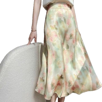 Νέα καλοκαιρινή φούστα midi με ψηλή μέση από οξικό μετάξι και ρομαντικό print από γαλλικό ύφασμα 2025