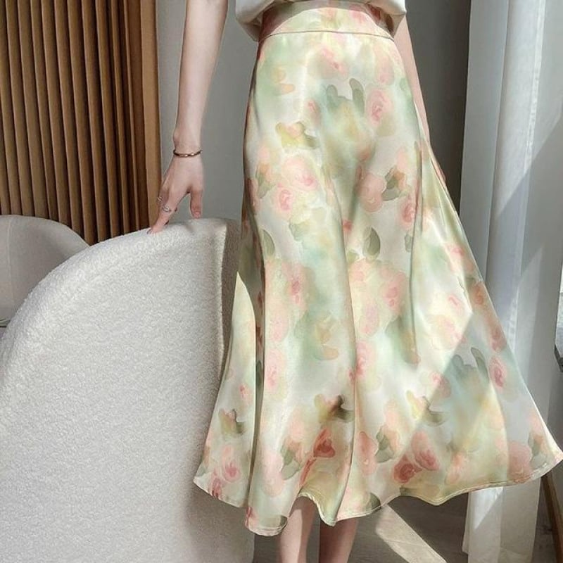 Letná nová elegantná midi sukňa s vysokým pásom a francúzskou romantickou potlačou z acetového hodvábu s lemovaním 2025