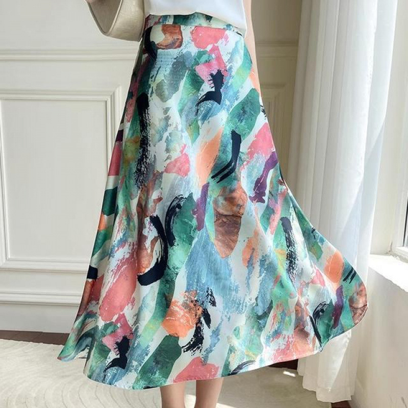 Letná nová elegantná midi sukňa s vysokým pásom a francúzskou romantickou potlačou z acetového hodvábu s lemovaním 2025