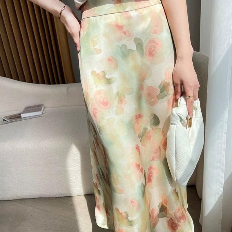 Letná nová elegantná midi sukňa s vysokým pásom a francúzskou romantickou potlačou z acetového hodvábu s lemovaním 2025