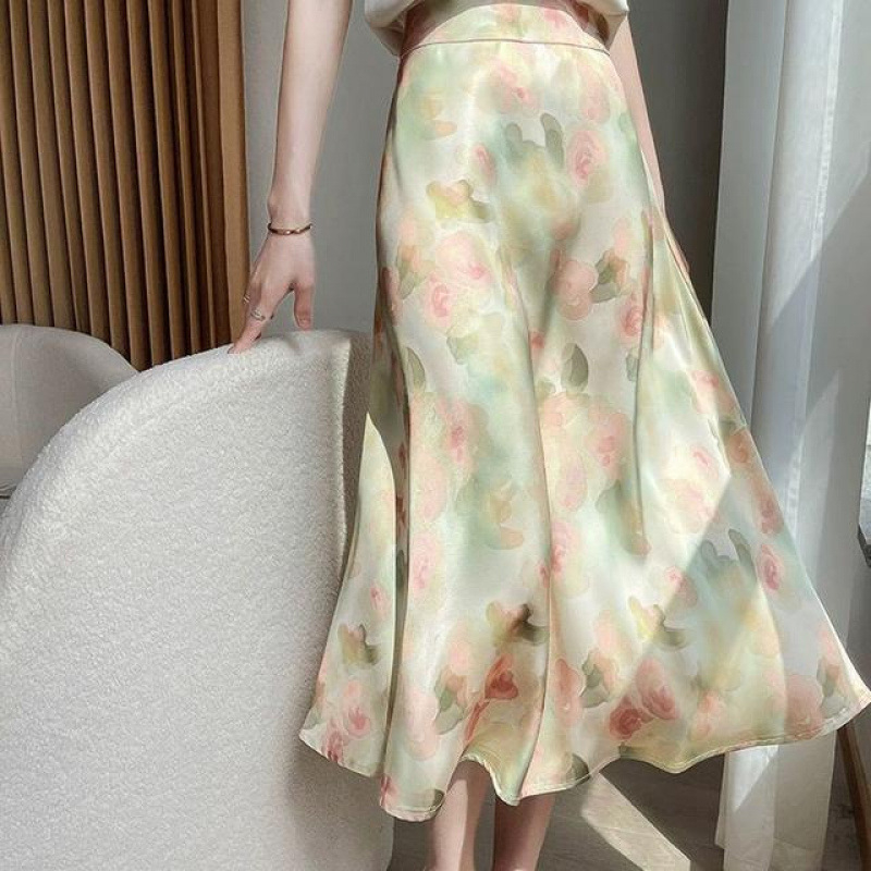 Letná nová elegantná midi sukňa s vysokým pásom a francúzskou romantickou potlačou z acetového hodvábu s lemovaním 2025