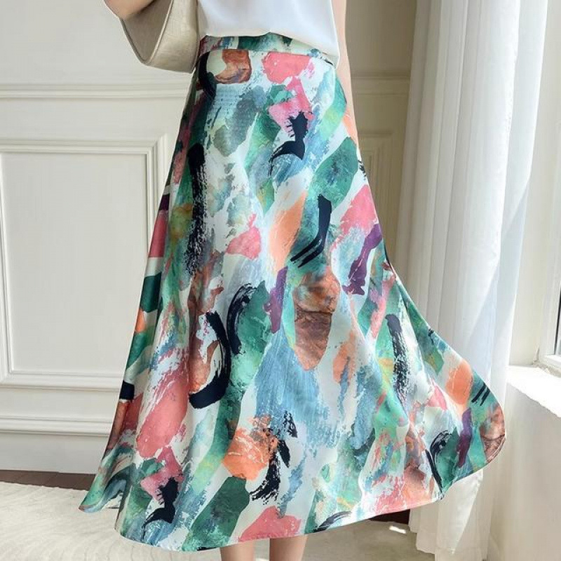 Letná nová elegantná midi sukňa s vysokým pásom a francúzskou romantickou potlačou z acetového hodvábu s lemovaním 2025