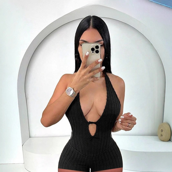 Jesenné a zimné nové cezhraničné európske a americké zahraničné obchodné jednofarebné s výstrihom a chrbtom, slim fit, sexy, horúce dievčenské šortky, overal