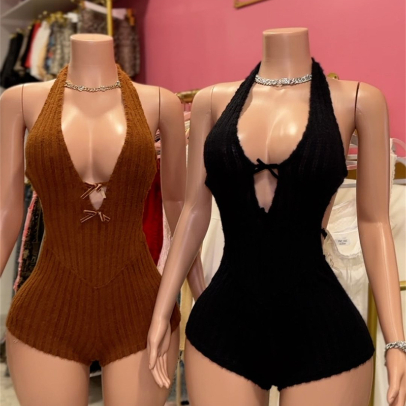 Jesenné a zimné nové cezhraničné európske a americké zahraničné obchodné jednofarebné s výstrihom a chrbtom, slim fit, sexy, horúce dievčenské šortky, overal