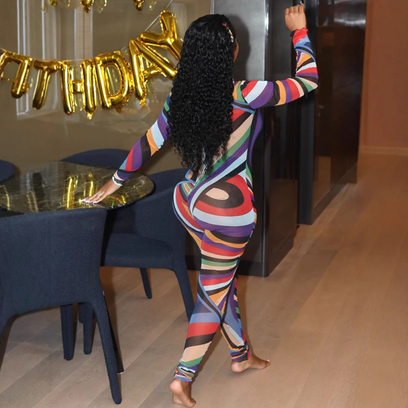 D9732 Amazon Europa i Sjedinjene Države vrući ženski seksi modni kombinezon s dugim rukavima i printom u boji za žene u Europi i Sjedinjenim Državama