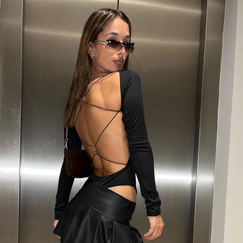 Americký štýl horúcich dievčat dámske sexy body s hlbokým výstrihom a korálkami, horúce dievča slim fit s dlhým rukávom a šnurovaním, body y2k