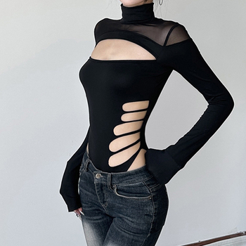 Νέα, σέξι, γυναικεία ολόσωμη φόρμα Spice Girls με ψηλό γιακά και ραφές από πλέγμα, σε διασυνοριακό στιλ, με στενό και μακρυμάνικο τοπ.