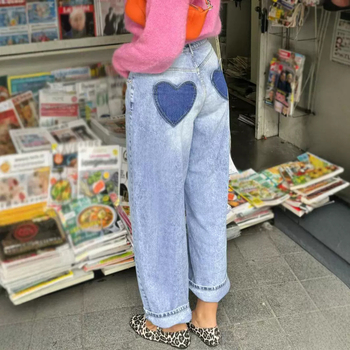 Blugi ZT27 în formă de inimă, lejer, stil stradal, albastru spălat, stil casual, cu fermoar și nasturi