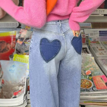 Blugi ZT27 în formă de inimă, lejer, stil stradal, albastru spălat, stil casual, cu fermoar și nasturi