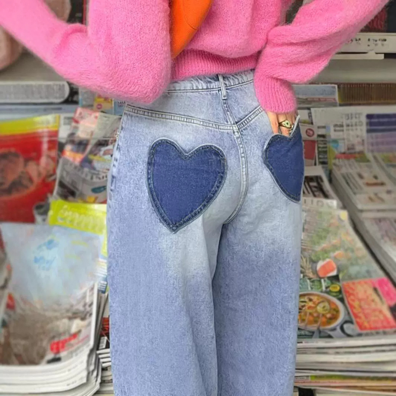 Blugi ZT27 în formă de inimă, lejer, stil stradal, albastru spălat, stil casual, cu fermoar și nasturi