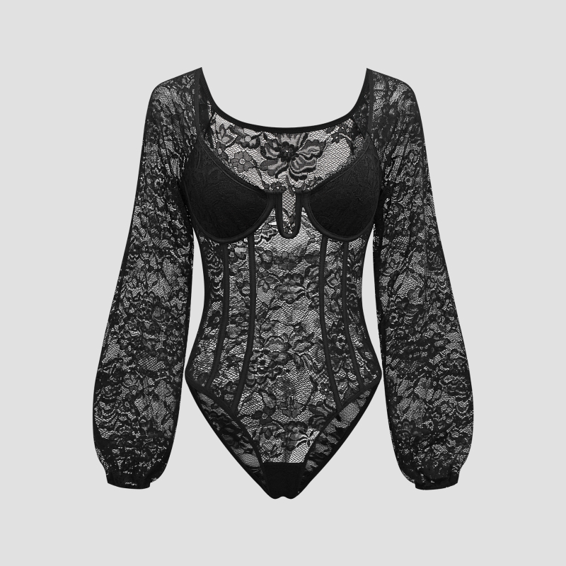 Novi uski kombinezon s rukavima i šupljom čipkom u europskoj i američkoj vanjskoj trgovini, duboki V dizajn, s osjećajem za lanternu, LY010