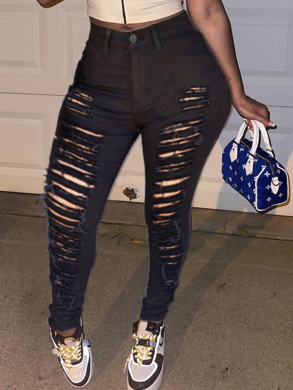 AliExpress Európske a americké ležérne módne univerzálne veľké roztrhané džínsy Dámske trendy personalizované roztrhané elastické legíny pre žobrákov