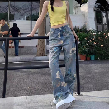 Ženske traperice ravnog kroja, široke, ljetne, 2024., nove, visokog struka, s printom, za ujednačavanje tijela