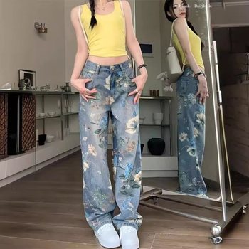 Ženske traperice ravnog kroja, široke, ljetne, 2024., nove, visokog struka, s printom, za ujednačavanje tijela