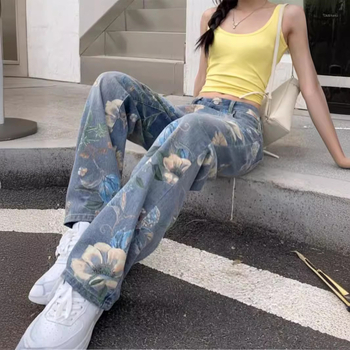 Ženske traperice ravnog kroja, široke, ljetne, 2024., nove, visokog struka, s printom, za ujednačavanje tijela