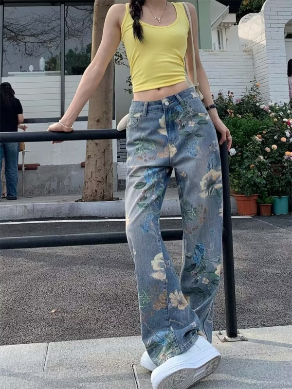 Ženske traperice ravnog kroja, široke, ljetne, 2024., nove, visokog struka, s printom, za ujednačavanje tijela