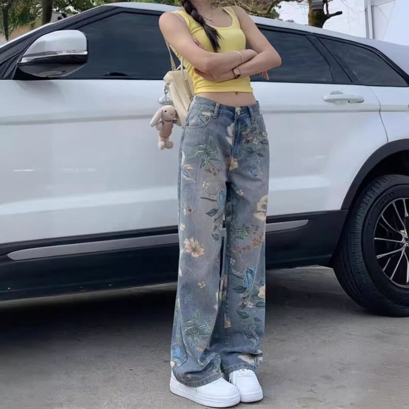 Ženske traperice ravnog kroja, široke, ljetne, 2024., nove, visokog struka, s printom, za ujednačavanje tijela