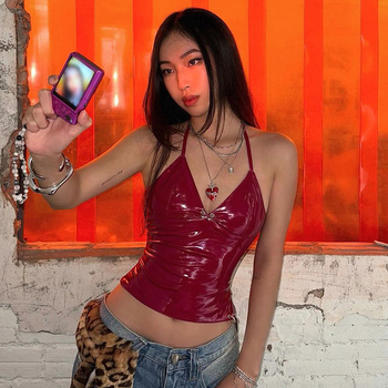 Ευρωπαϊκή και αμερικανική σέξι γυναικεία σέξι κοντή μπλούζα με φερμουάρ και μεταλλική αγκράφα, δερμάτινη λαιμόκοψη σε σχήμα V, χωρίς πλάτη και στενή γραμμή