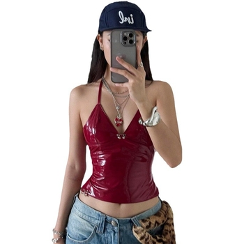 Ευρωπαϊκή και αμερικανική σέξι γυναικεία σέξι κοντή μπλούζα με φερμουάρ και μεταλλική αγκράφα, δερμάτινη λαιμόκοψη σε σχήμα V, χωρίς πλάτη και στενή γραμμή