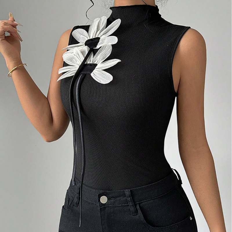 Cezhraničné skoré jarné nové európske a americké módne horúce dievčenské tričko s visiacim výstrihom, kvetinovým výstrihom a bez rukávov, luxusné tričko s krátkym rukávom