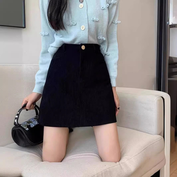 Μαύρη φούστα από κοτλέ ύφασμα, γυναικεία, ψηλόμεση φούστα σε γραμμή Α, φθινόπωρο και χειμώνας 2024, μικρή, μοντέρνα φούστα μέχρι τους γοφούς