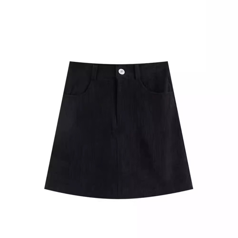 Dámska manšestrová čierna sukňa na jeseň a zimu 2024 s vysokým pásom, zoštíhľujúca sukňa v áčkovom strihu, malá módna boková sukňa