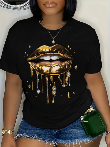 Dámske módne čierne tričko so zlatým vzorom na pery, ležérne s krátkym rukávom a okrúhlym výstrihom