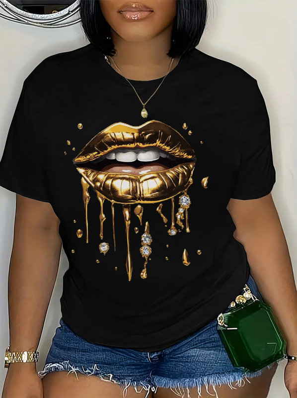 Dámske módne čierne tričko so zlatým vzorom na pery, ležérne s krátkym rukávom a okrúhlym výstrihom