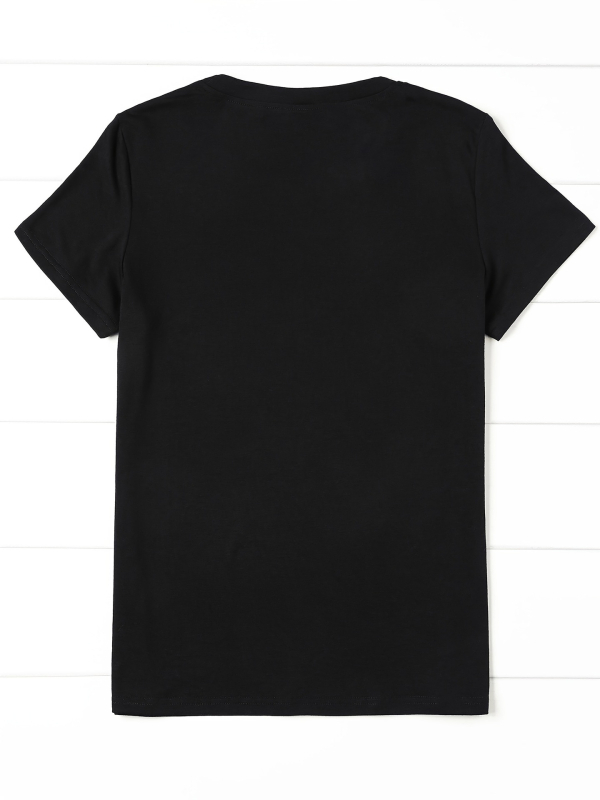 Dámske módne čierne tričko so zlatým vzorom na pery, ležérne s krátkym rukávom a okrúhlym výstrihom