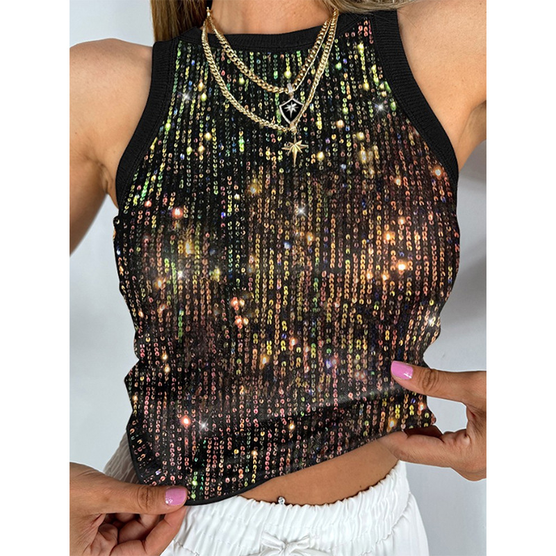 2024. Europska i američka moda, novi Amazon šljokicasti top bez rukava u kontrastnoj boji, seksi sjajni kratki stil