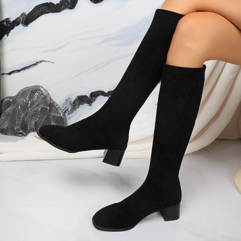 Cizme lungi cu toc gros pentru femei, cizme înalte, toamna și iarna 2024, noi, europene și americane, de mărime plus, pentru femei, cu vârf rotund, în piele întoarsă, la modă