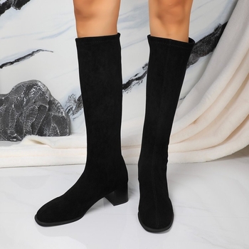 Cizme lungi cu toc gros pentru femei, cizme înalte, toamna și iarna 2024, noi, europene și americane, de mărime plus, pentru femei, cu vârf rotund, în piele întoarsă, la modă