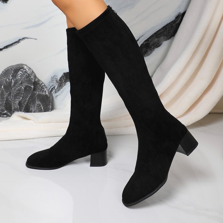 Cizme lungi cu toc gros pentru femei, cizme înalte, toamna și iarna 2024, noi, europene și americane, de mărime plus, pentru femei, cu vârf rotund, în piele întoarsă, la modă