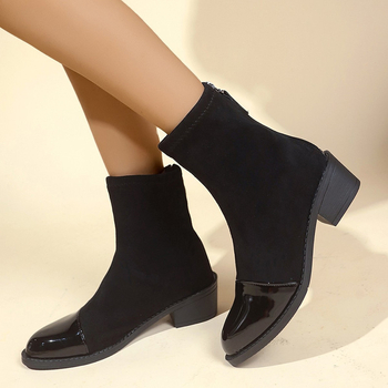 Dámske krátke čižmy na jeseň a zimu 2024, nové európske a americké čižmy so zaoblenou hlavou, pohodlné, hrubé podpätky, zips