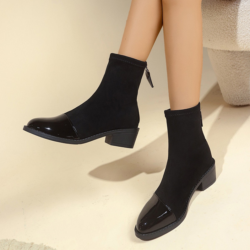 Dámske krátke čižmy na jeseň a zimu 2024, nové európske a americké čižmy so zaoblenou hlavou, pohodlné, hrubé podpätky, zips