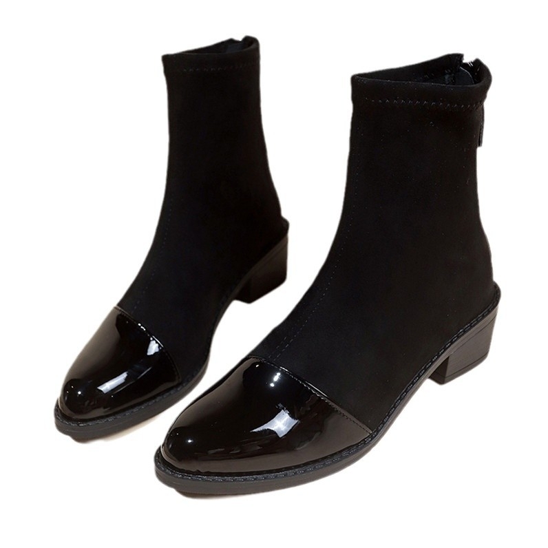 Dámske krátke čižmy na jeseň a zimu 2024, nové európske a americké čižmy so zaoblenou hlavou, pohodlné, hrubé podpätky, zips