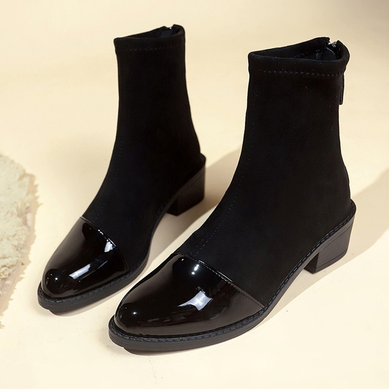 Dámske krátke čižmy na jeseň a zimu 2024, nové európske a americké čižmy so zaoblenou hlavou, pohodlné, hrubé podpätky, zips