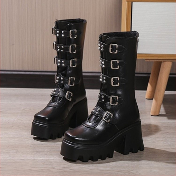 2023 Nezavisne stanice Čizme Europske i američke metalne kopče Debele dno Visoke čizme Ženske Amazon velike veličine Visoke pete Čizme za vanjsku trgovinu Ženske čizme