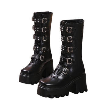 2023 Nezavisne stanice Čizme Europske i američke metalne kopče Debele dno Visoke čizme Ženske Amazon velike veličine Visoke pete Čizme za vanjsku trgovinu Ženske čizme